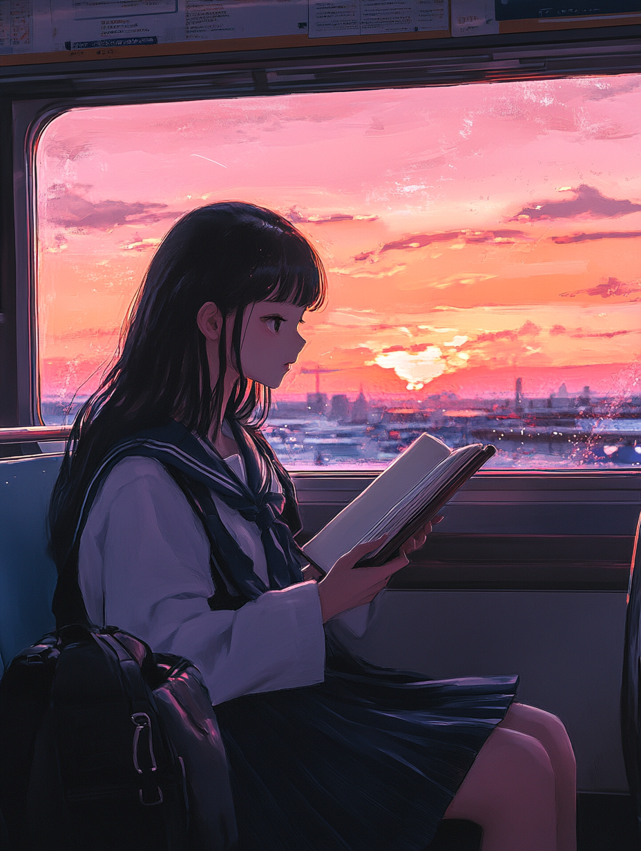 Lo-fi anime girl reading book on train at sunset.