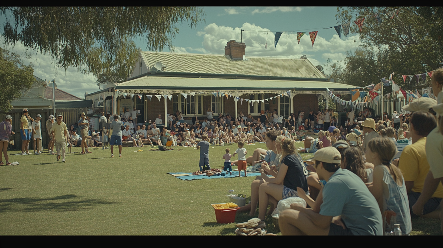 Local cricket match with diverse crowd, food, and cheers.