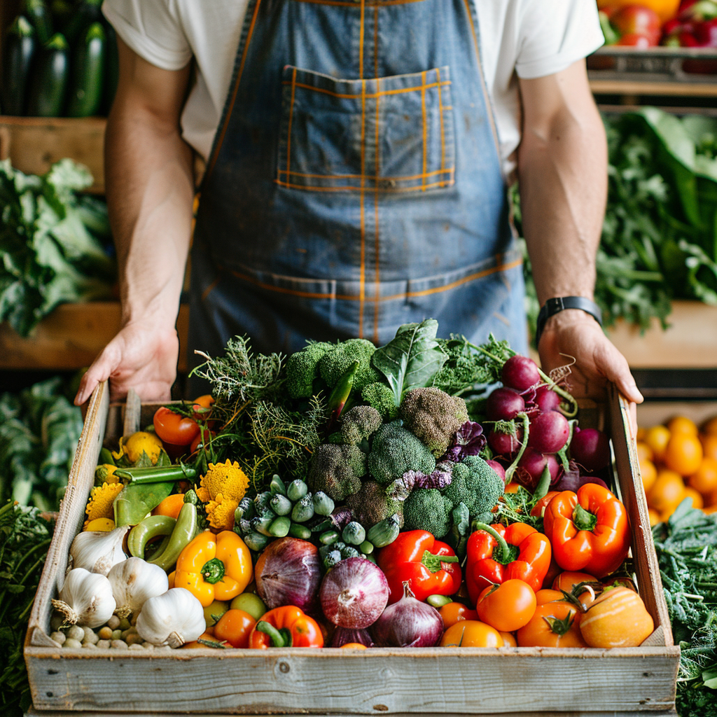 Local farmers, sustainable practices, meal kit delivery service.