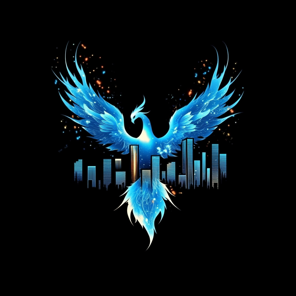 Logo design: Houston skyline, blue phoenix, fiery flames.