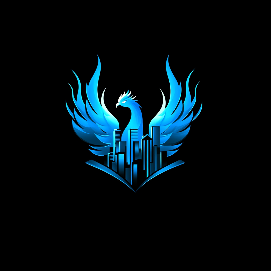 Logo design: Houston skyline, blue phoenix, fiery renewal.