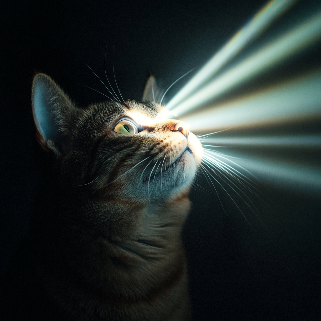 Logo of cat with light beams expanding towards camera.