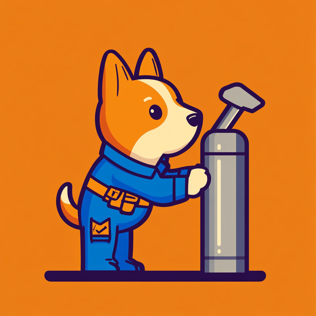 Logo of dog in work clothes with pipe wrench.