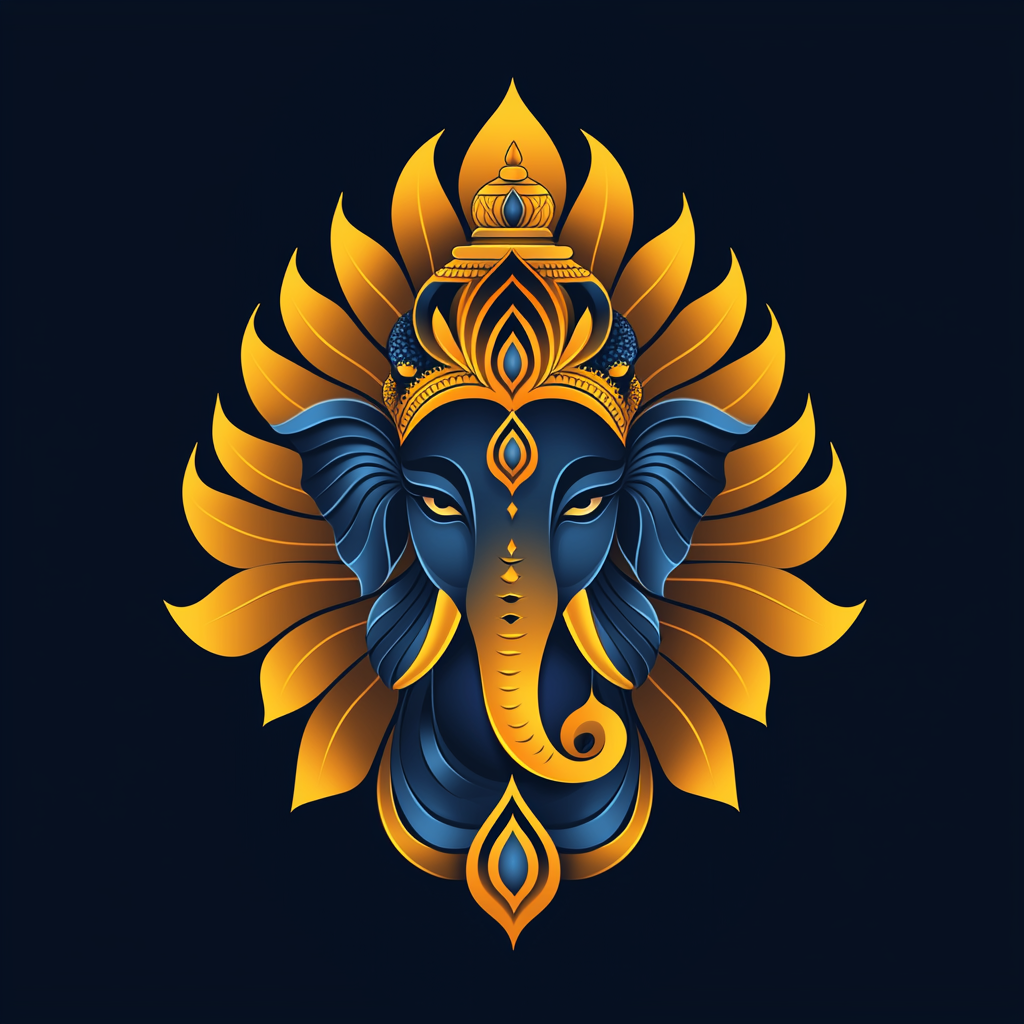 Logo of shiny gold Ganesha with bright chakras