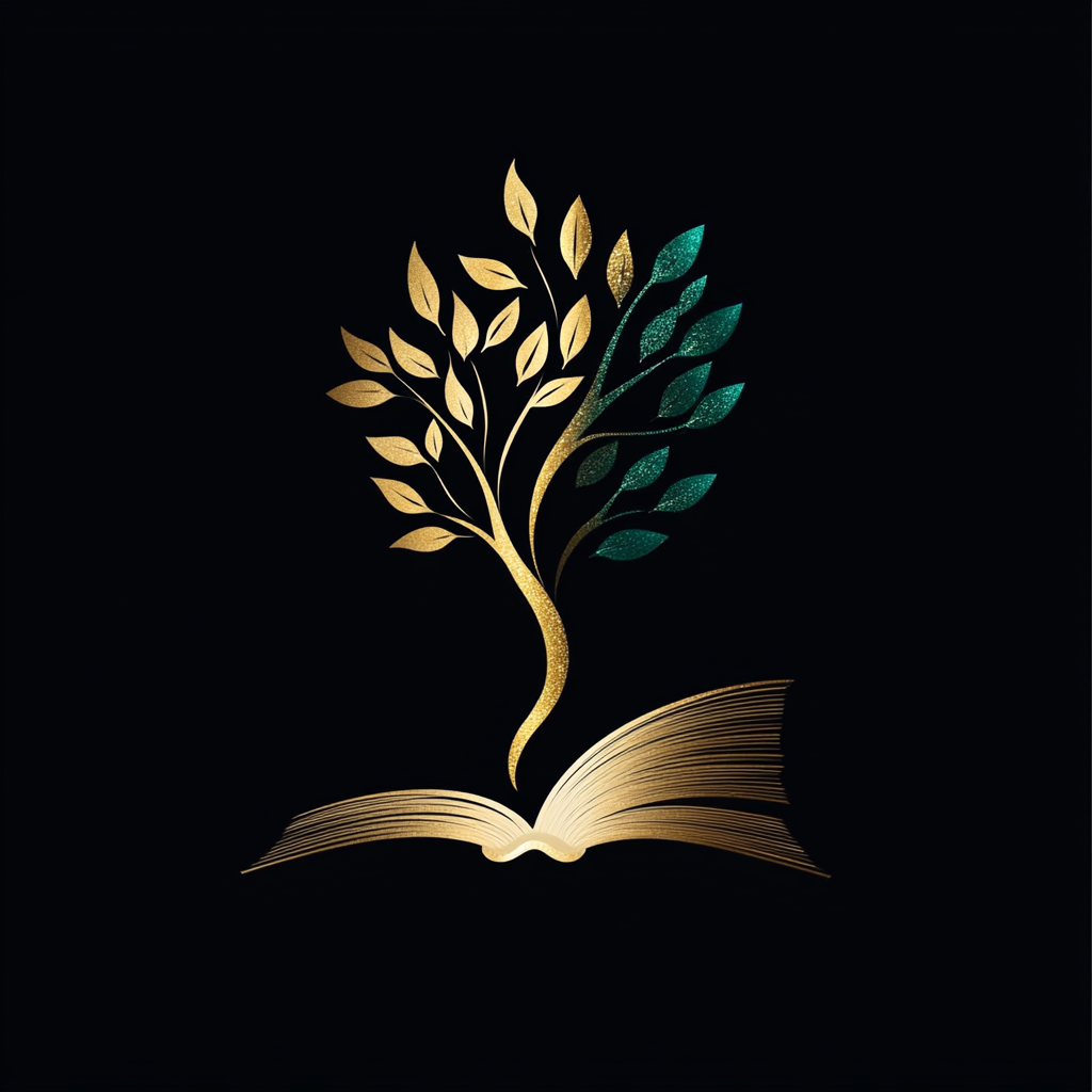 Logo with gold semi-closed book and green tree.