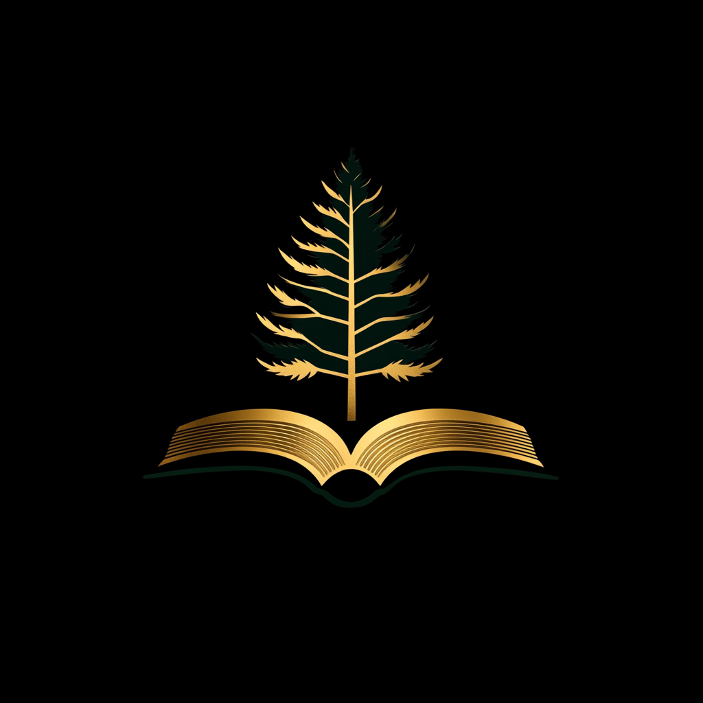 Logo: Gold book with metallic green tree - northeast direction