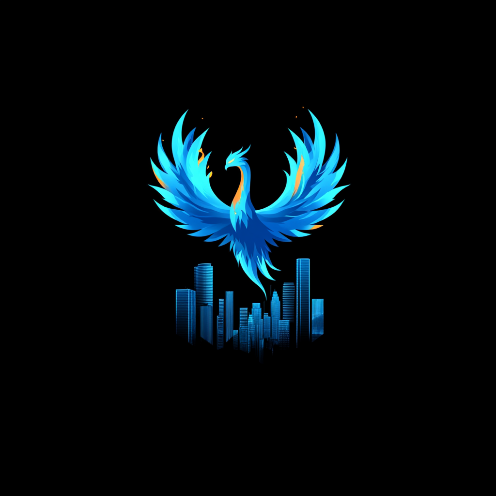 Logo: Houston skyline, blue phoenix, black background, RE-IGNITE.