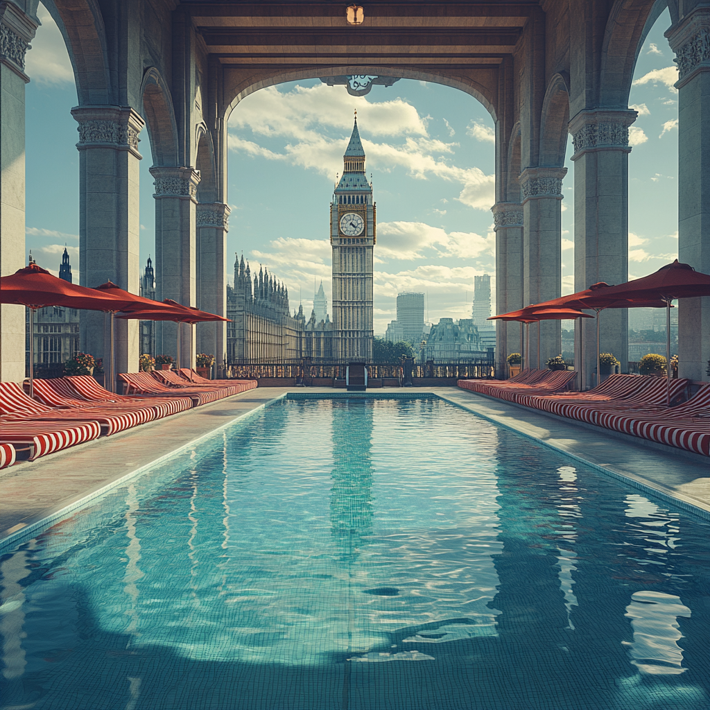 London Olympic Infinity Pool with Striped Loungers