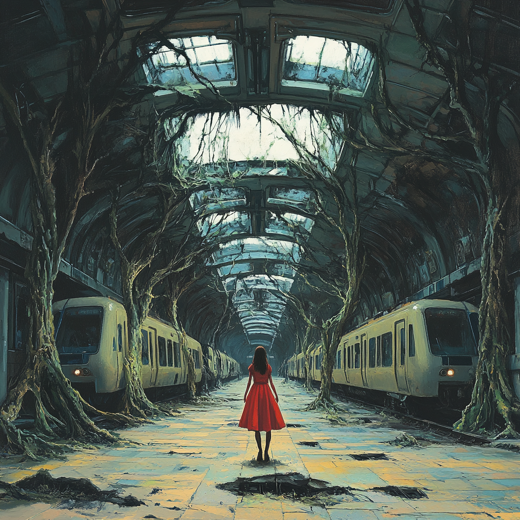 Lone girl in red dress at old train station.