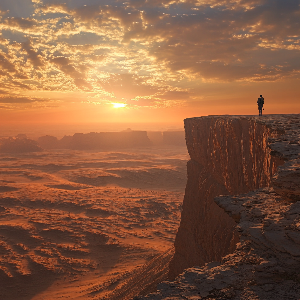 Lone traveler in awe at breathtaking sunset in Riyadh.