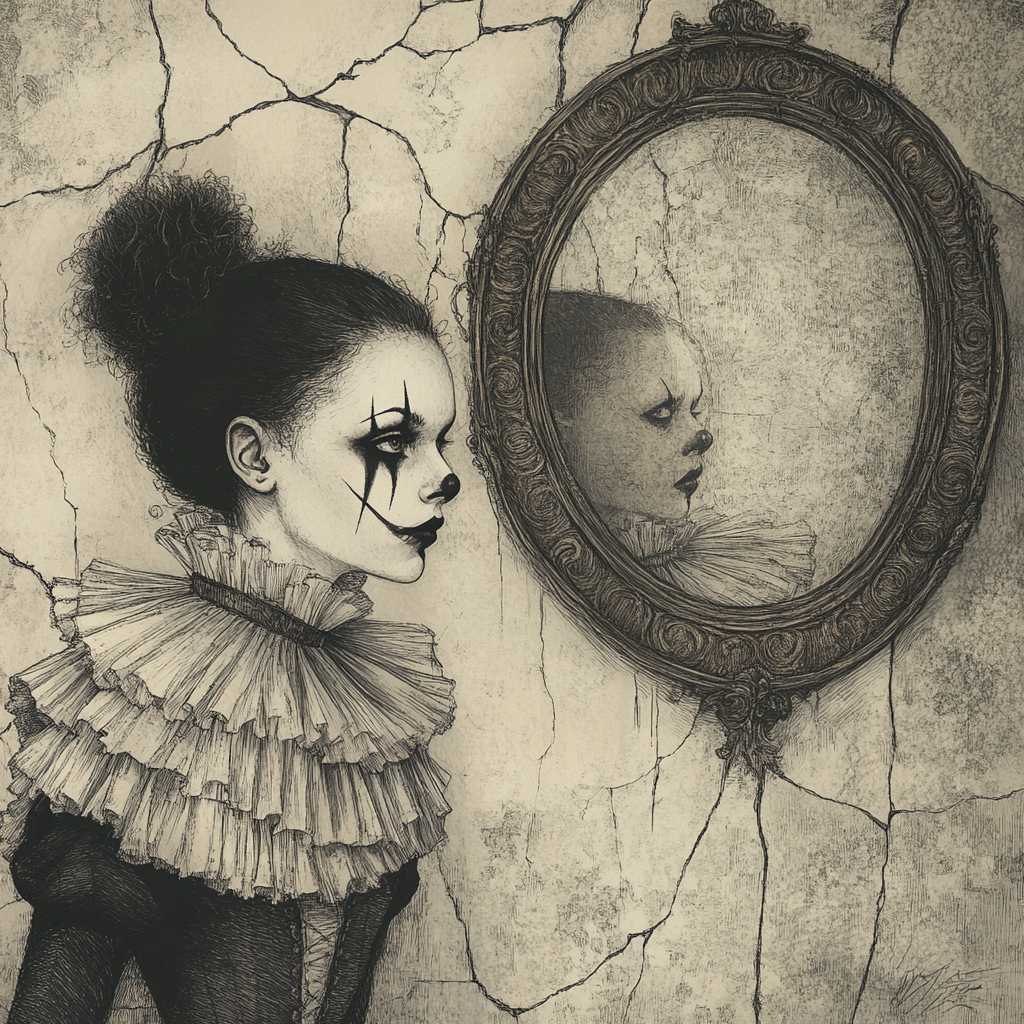 Lonely Clown gazes at reflection in antique mirror