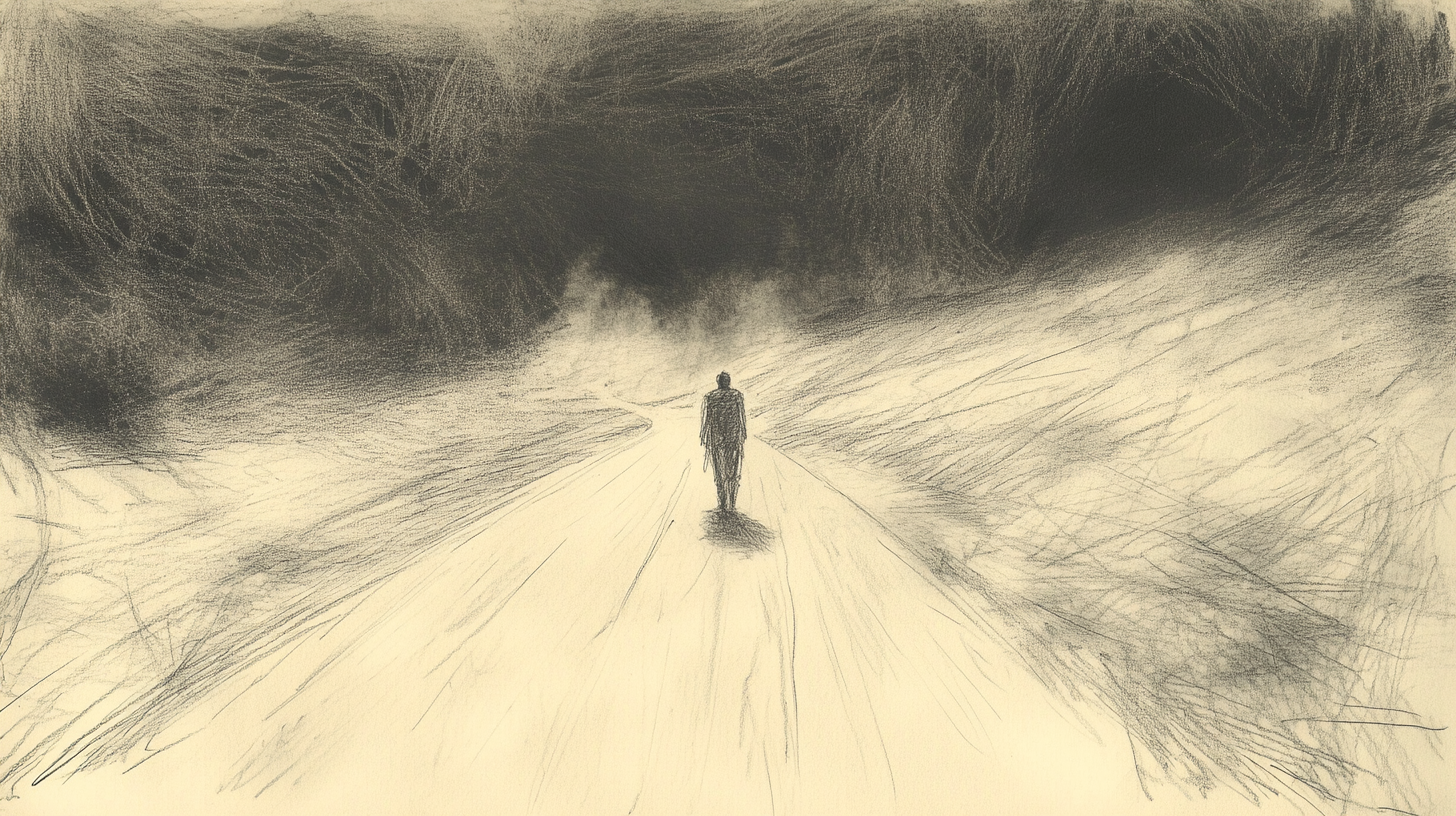 Lonely Figure Walking Along Endless Path Sketch