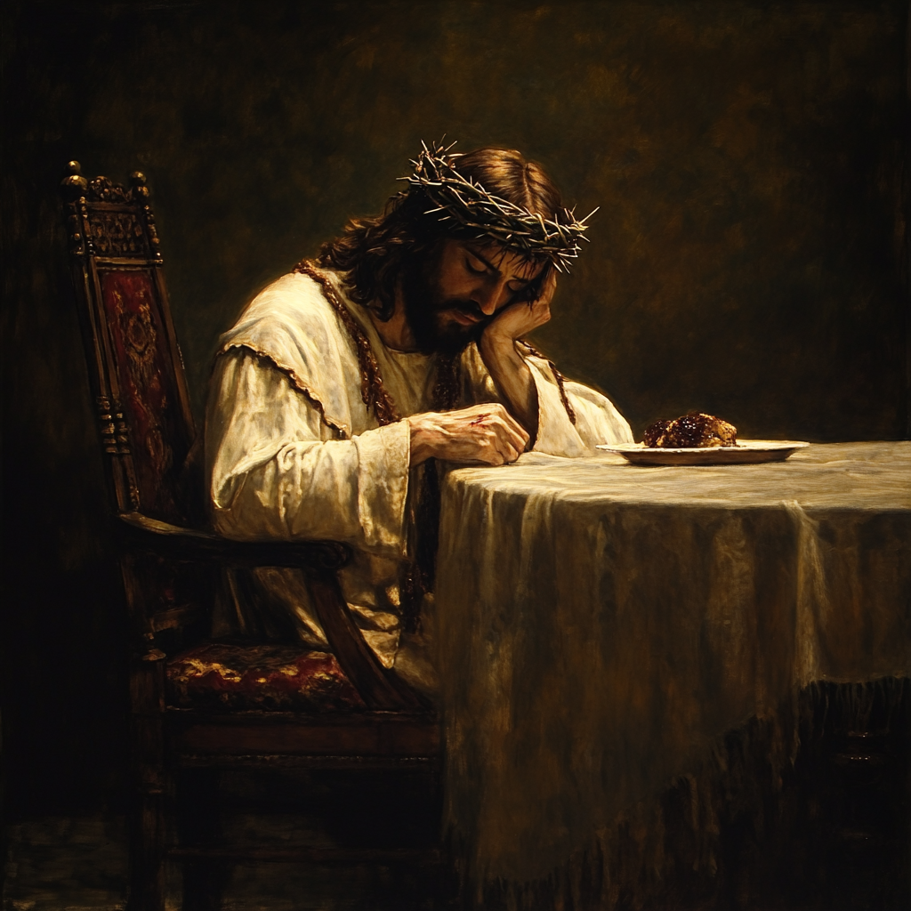 Lonely Jesus as King dining alone, feeling ignored.