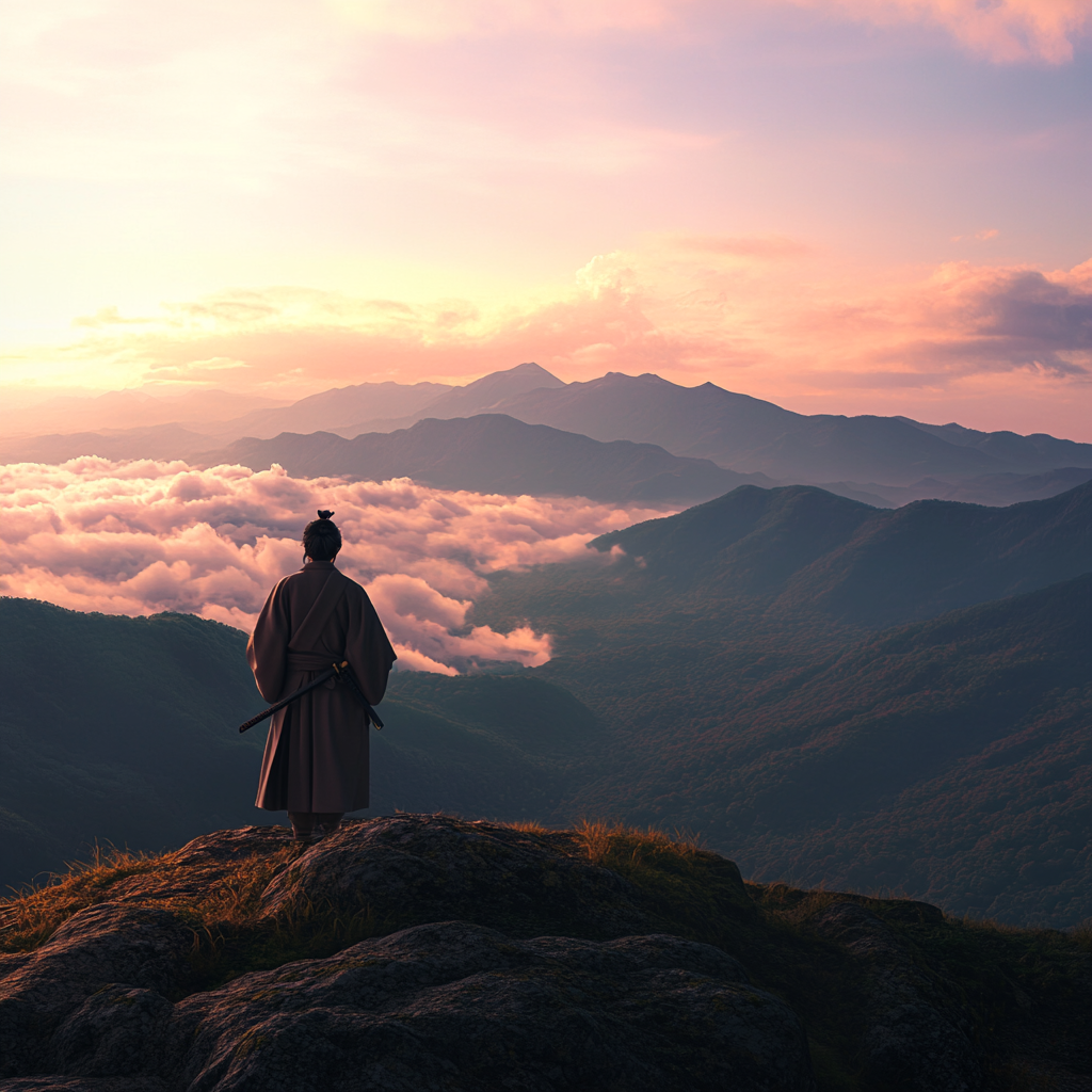 Lonely Samurai Returns Home on High Mountain Trail