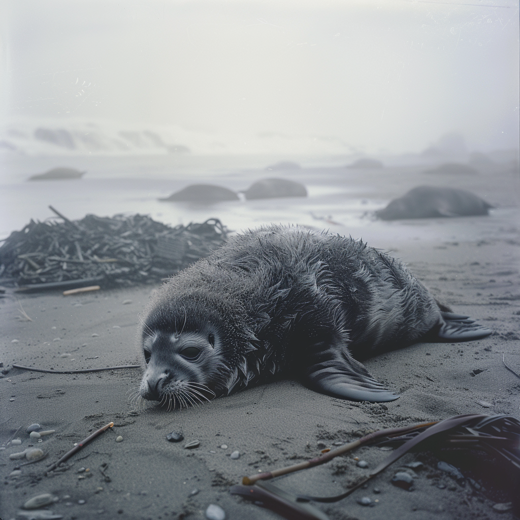 Lonely Seal Pup Struggles to Survive on Beach.