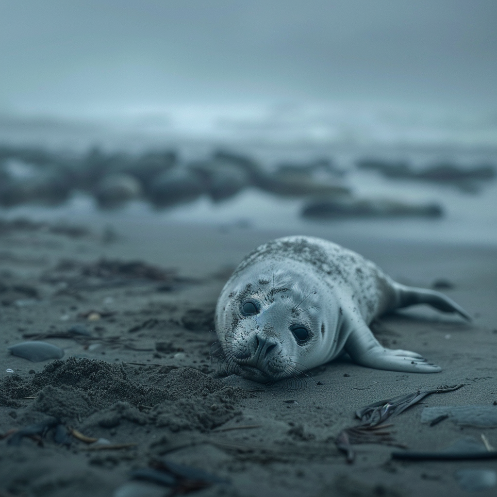 Lonely baby seal surrounded by carcasses in misty setting.