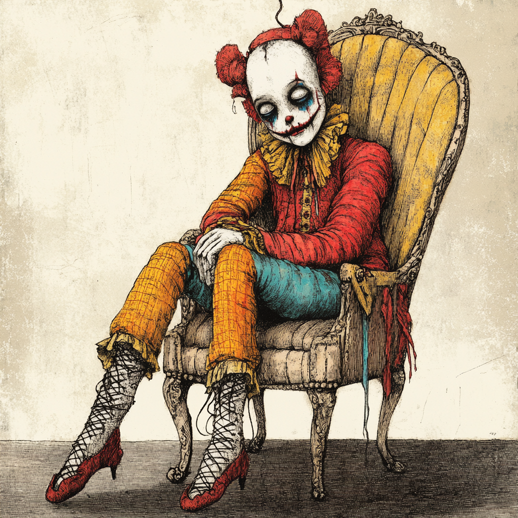 Lonely circus puppet in bright costume on chair.