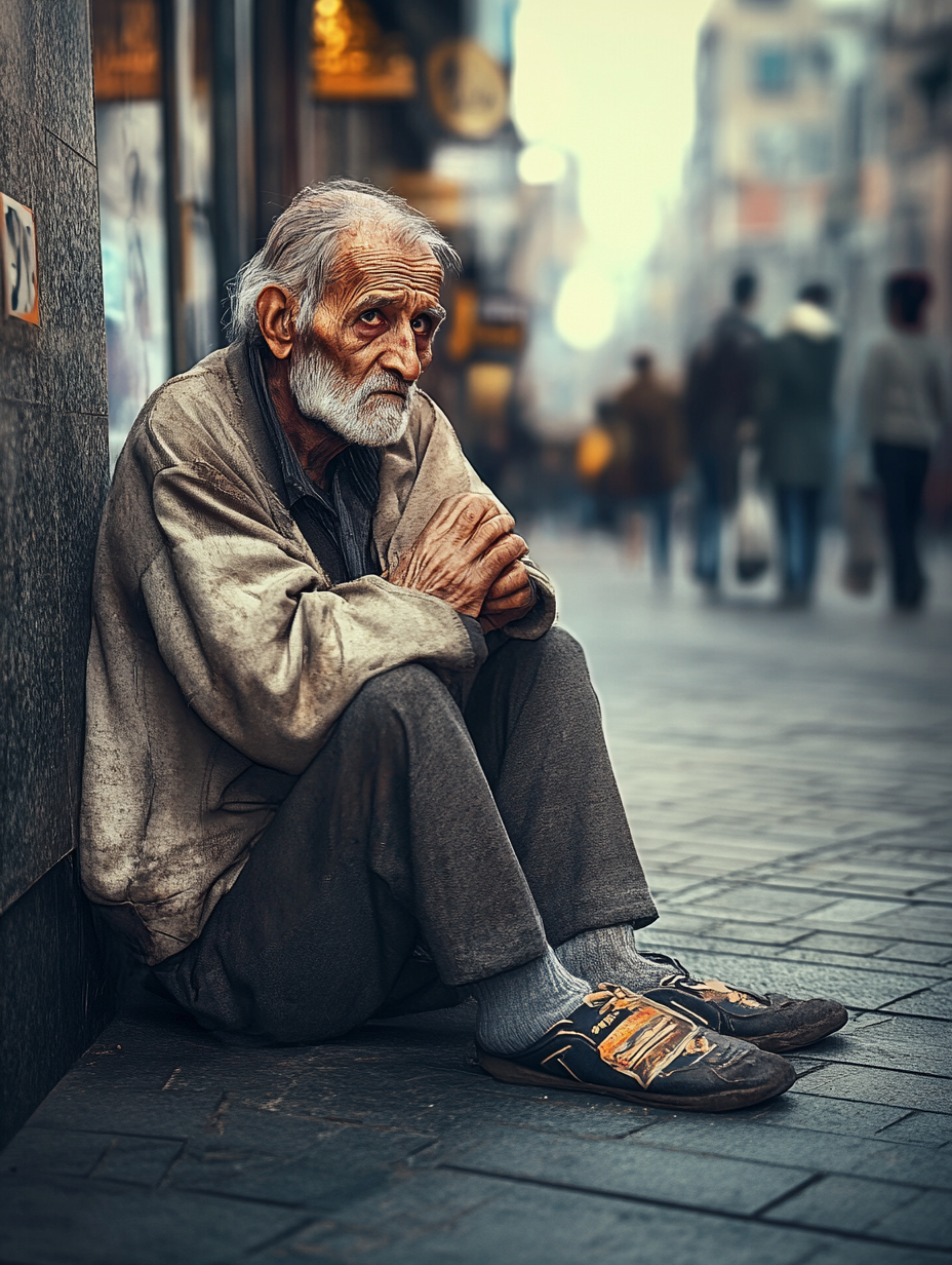 Lonely elderly man begging on city sidewalk ignored by passersby