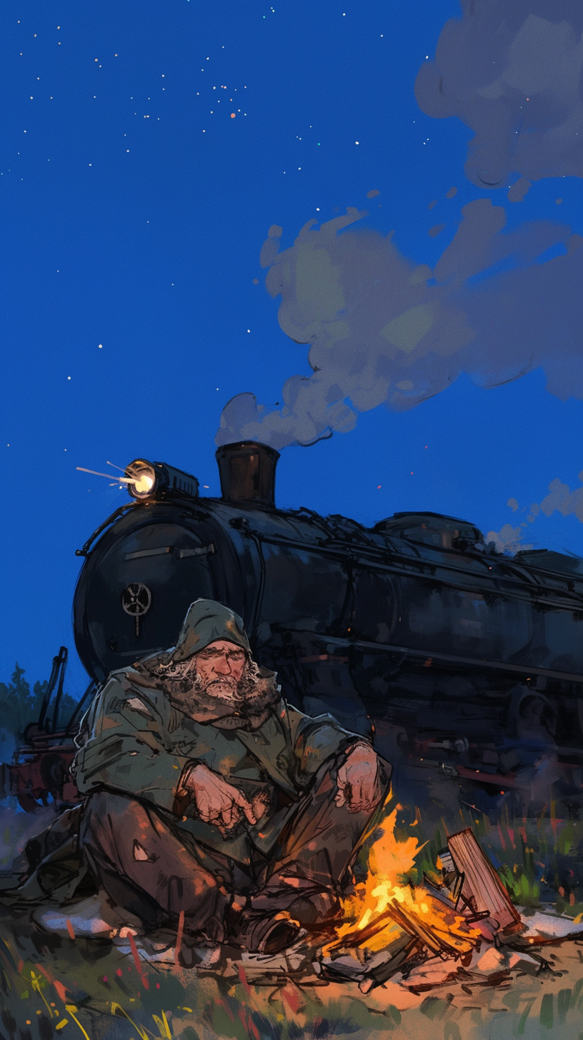 Lonely figure sitting by campfire staring at sky.