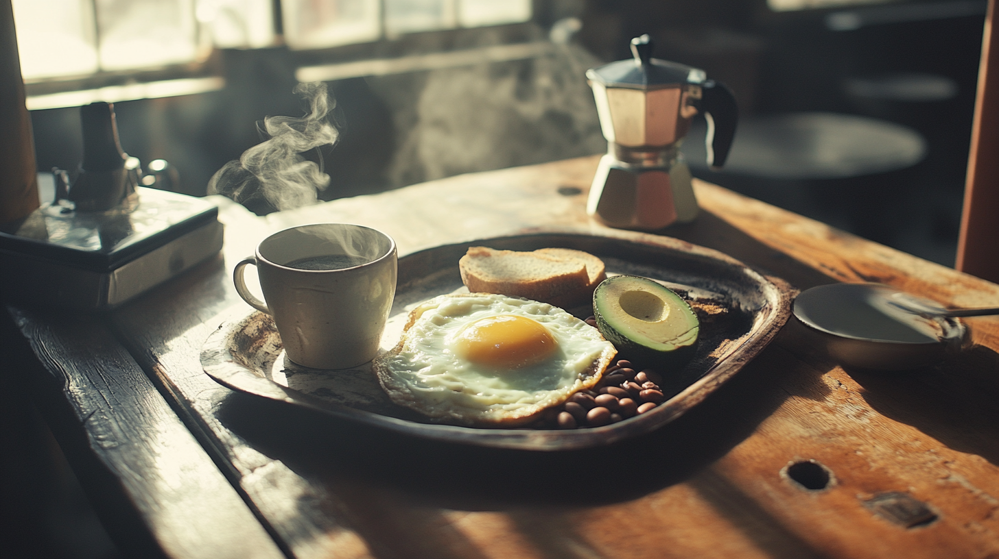 Lonely meal on rustic table in old-fashioned café