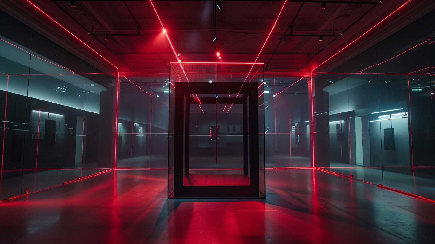 Lonely museum at night, glass box, red lasers, realistic.