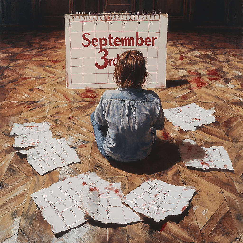 Lonely person in empty hall stares at calendar.