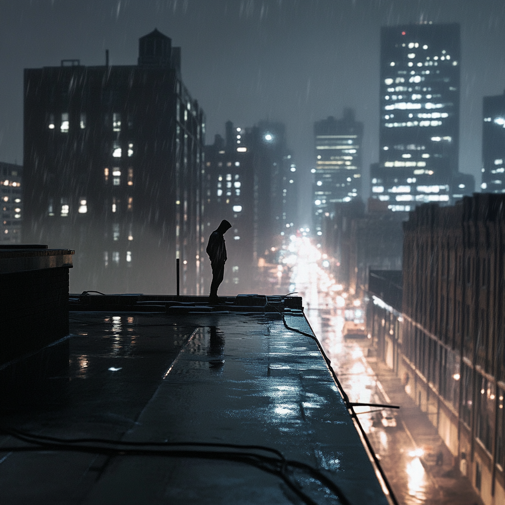 Lonely person on city rooftop at night