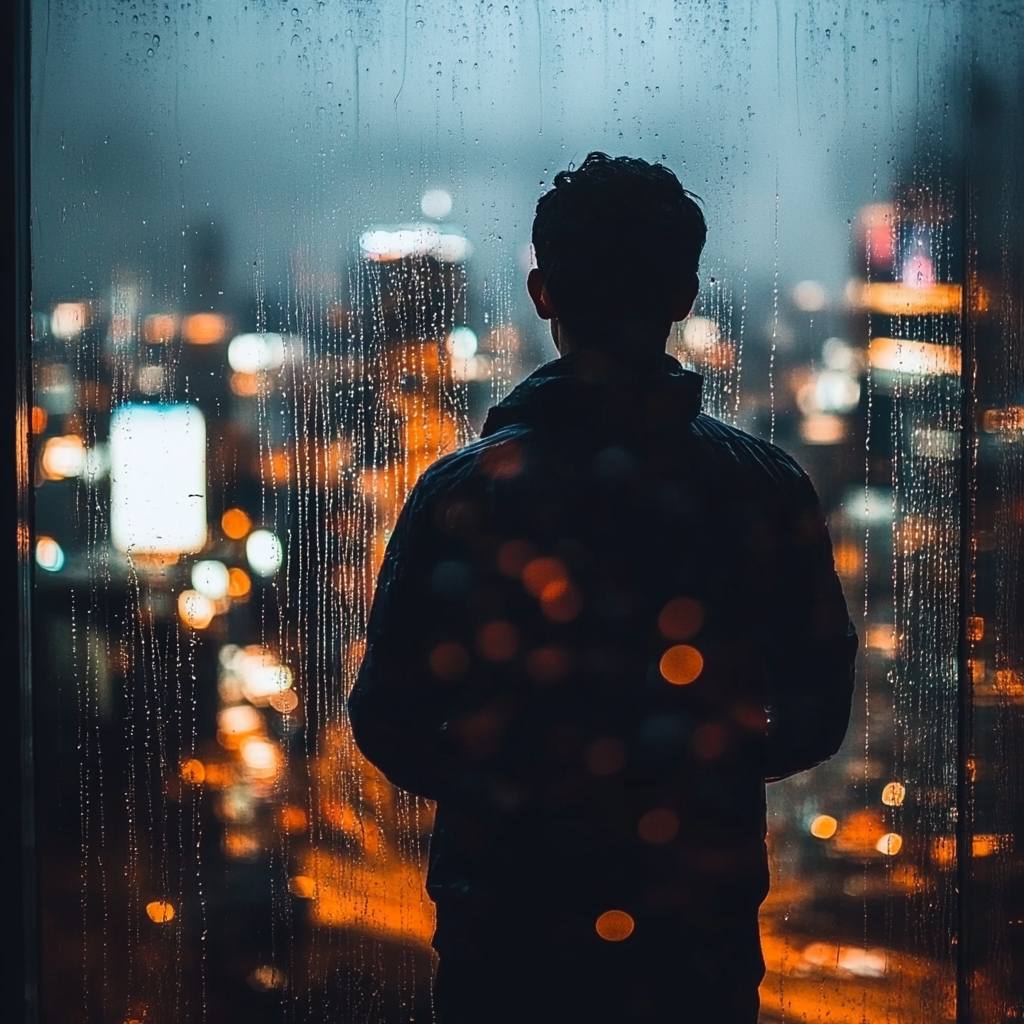 Lonely person staring out rainy city window, longing for home