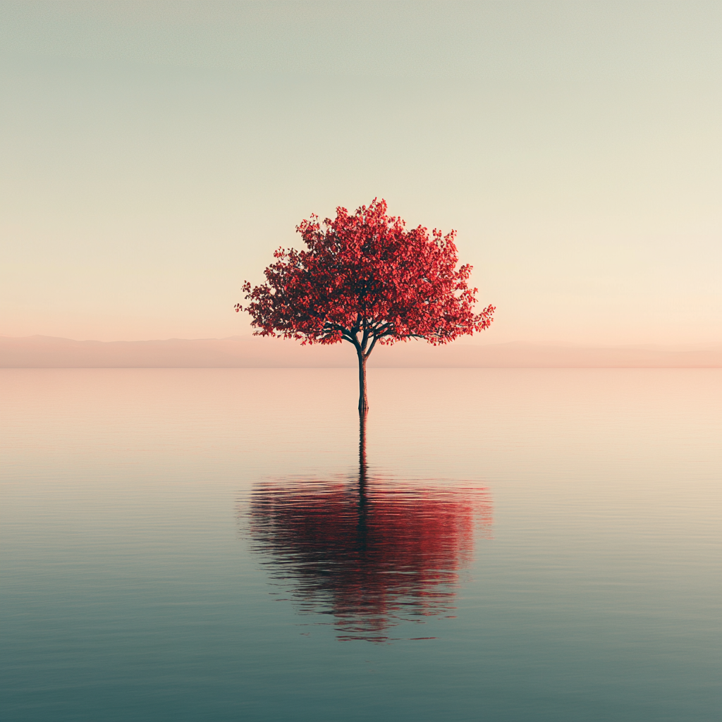 Lonely red tree in vast lake, cinematic effect, sunrise.