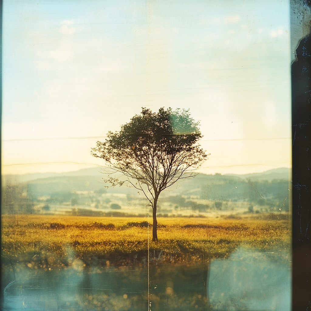 Lonely tree in field, seen through glass window.