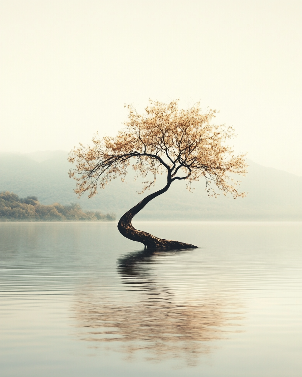 Lonely tree in lake, film-style photography, serene atmosphere.