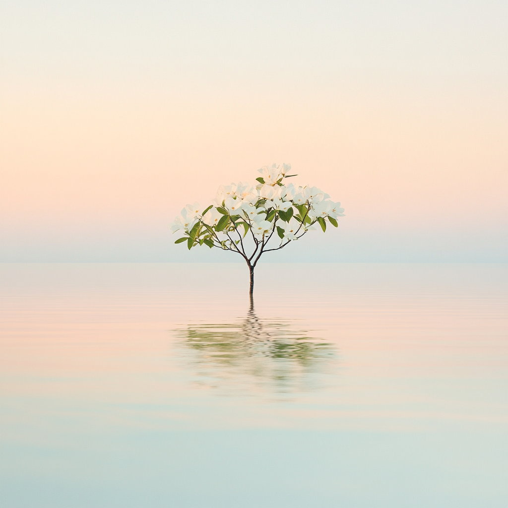 Lonely tree with white flowers in calm water, reflection.