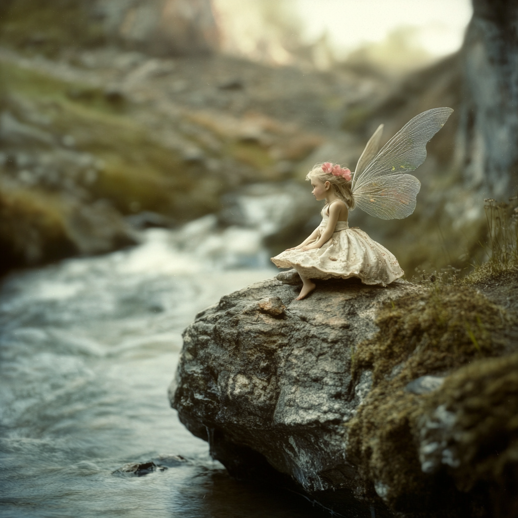 Lonely water pixie rests near river, angelic perfectionism.