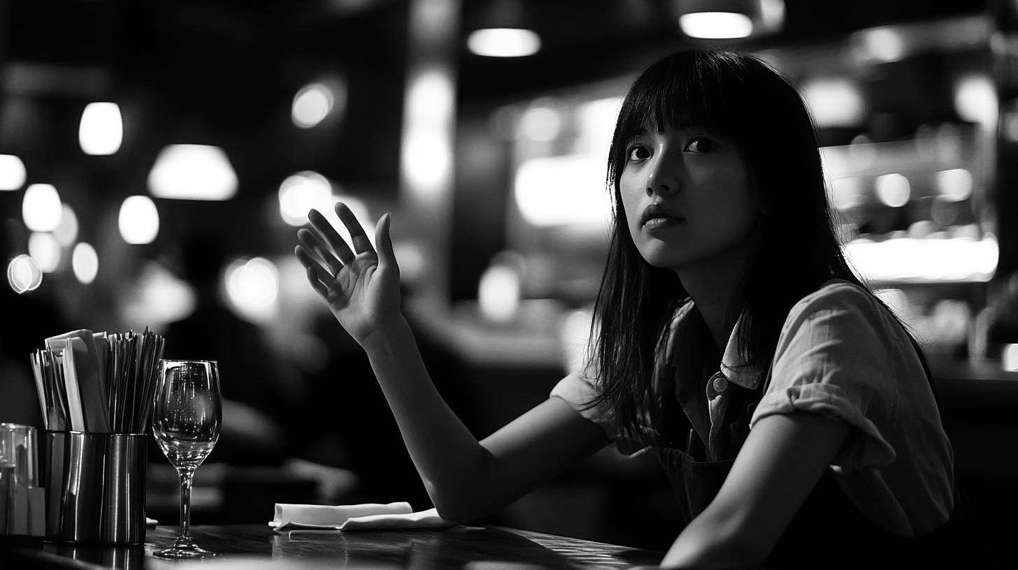 Lonely woman waits for busy waiter in dim restaurant