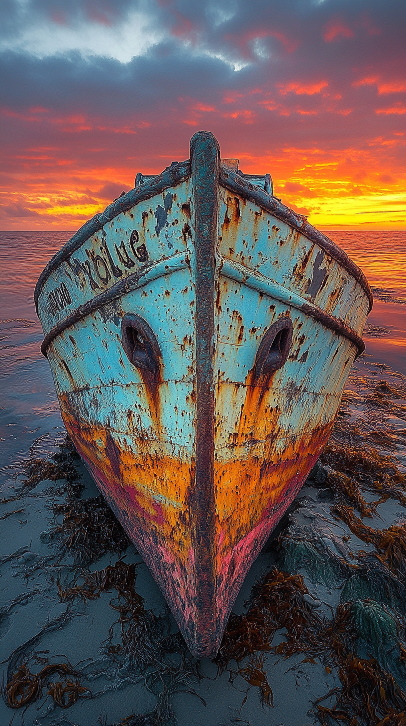 Lonely worn-out shoe ship sailing into sunset horizon.