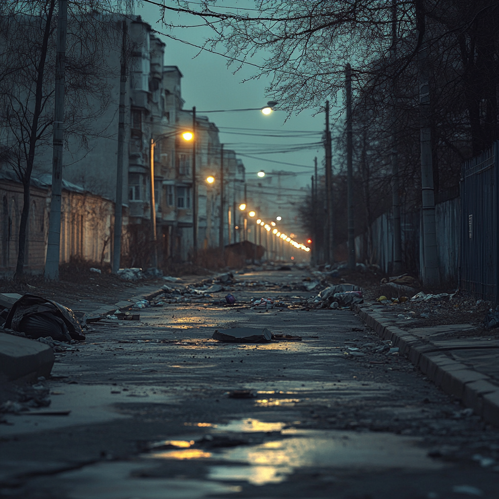 Long Russian street with dim lanterns, gloomy atmosphere.