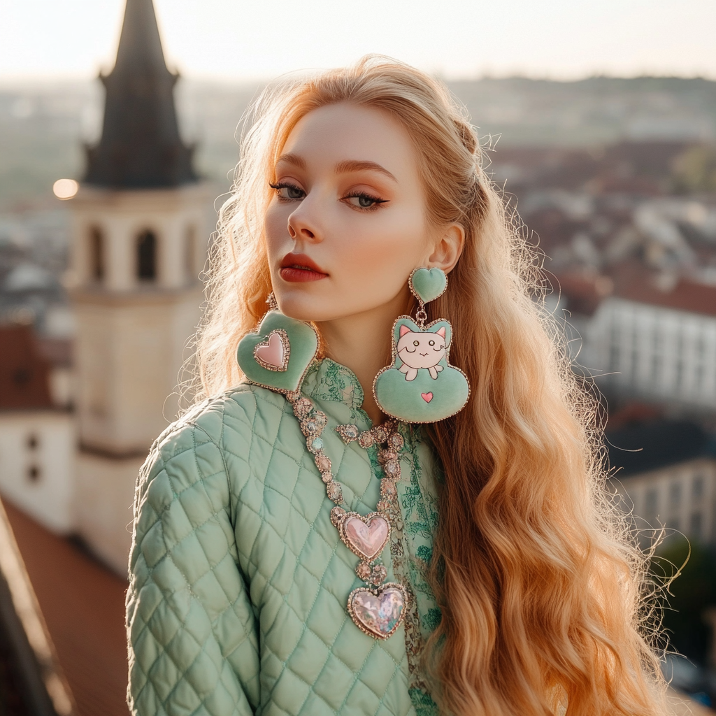 Long blonde hair, mint quilted shugai, cartoon cat earrings.