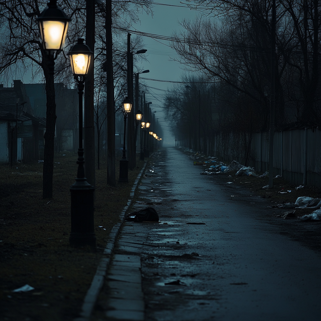 Long dim Russian street with broken sidewalks, garbage. Hollywood-style.