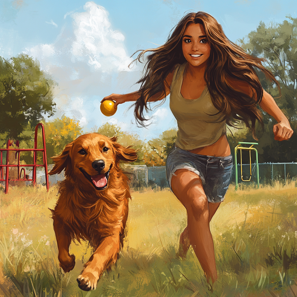 Long-haired girl and golden retriever play in field.