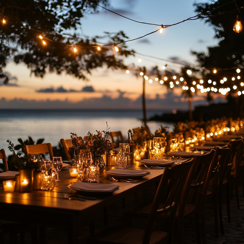 Long outdoor dining table, elegant wooden chairs, candlelight, string lights, calm water.