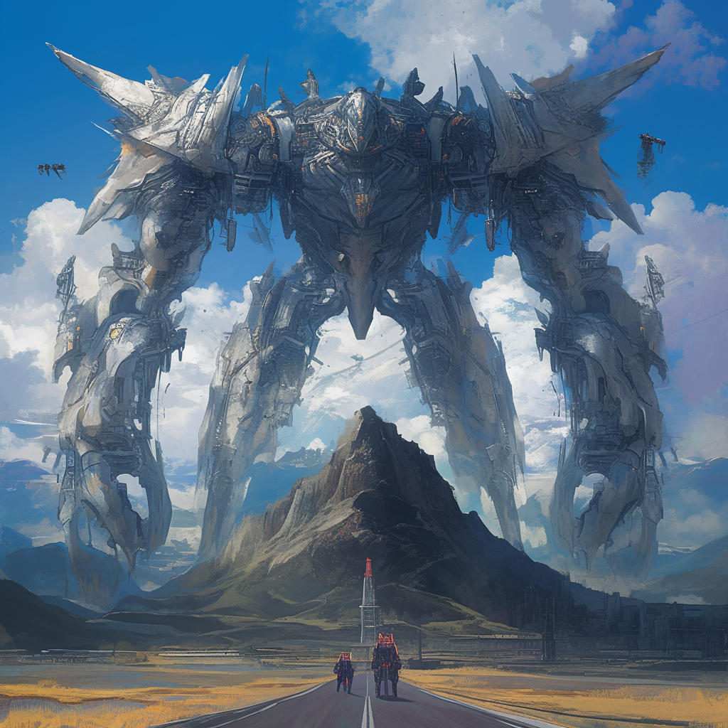 Long road to distant mountain. Massive robotic titans.