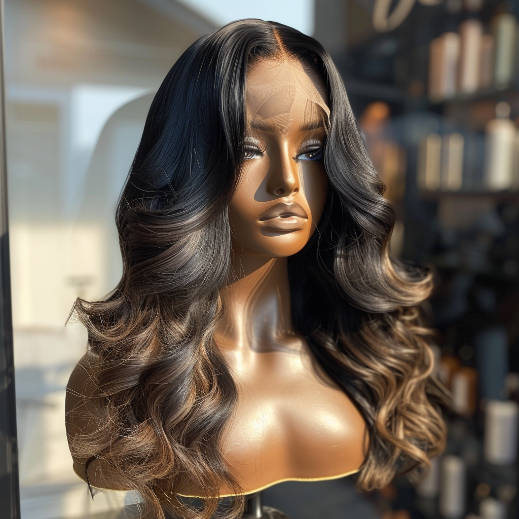 Long wavy brown lace front wig on mannequin.