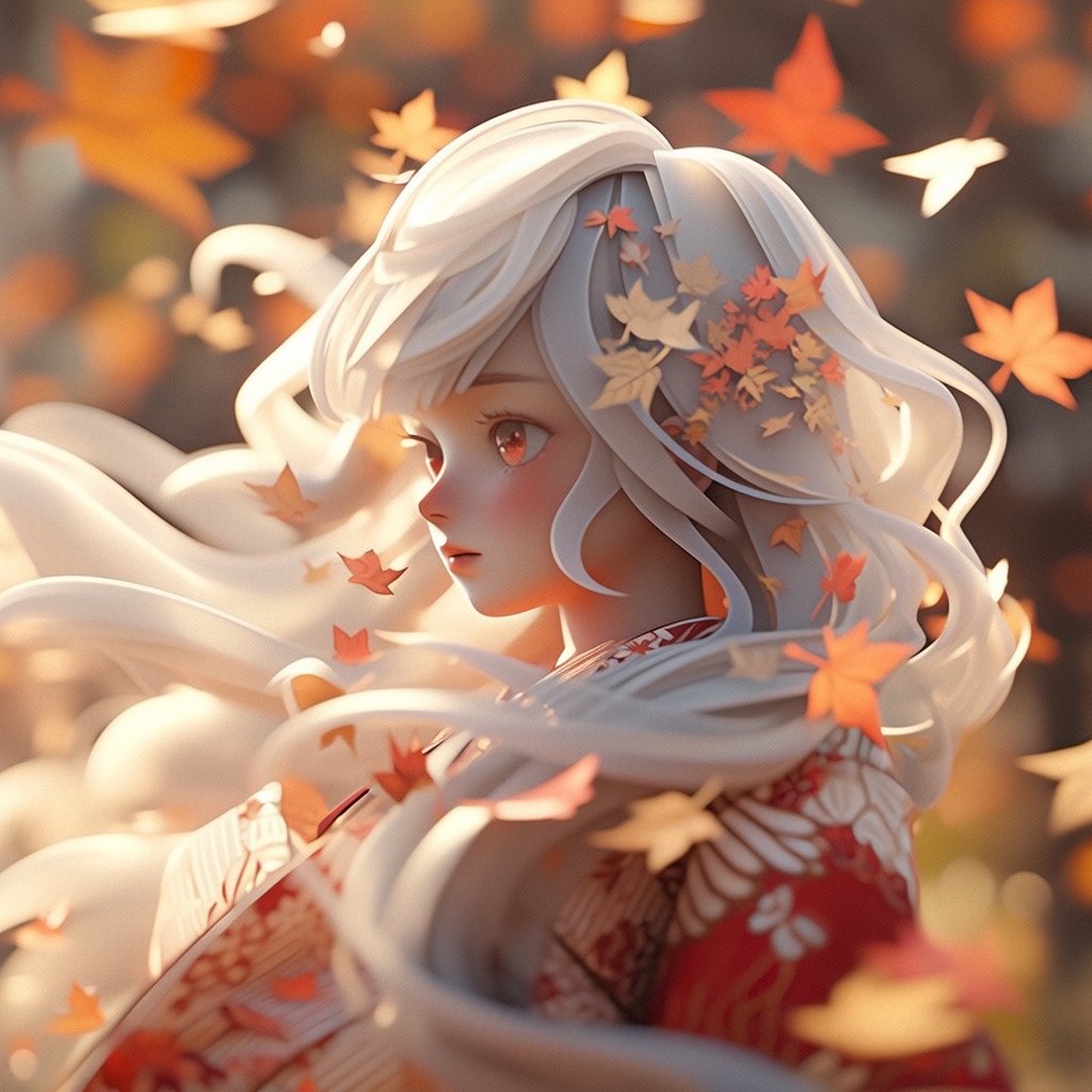 Long white hair, traditional kimono, maple leaves, 3D animation.