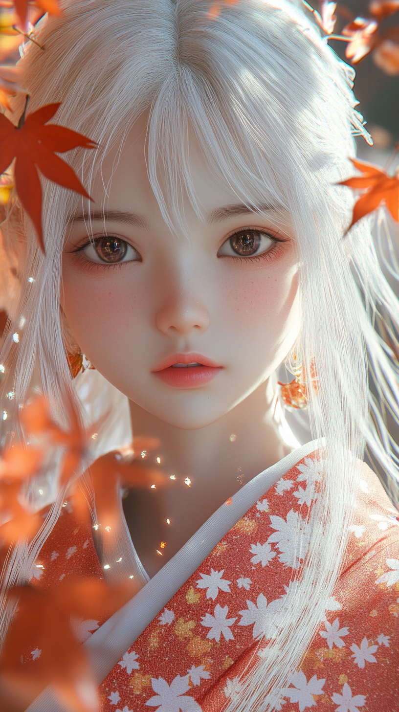 Long white hair, translucent presence, traditional Japanese kimono.