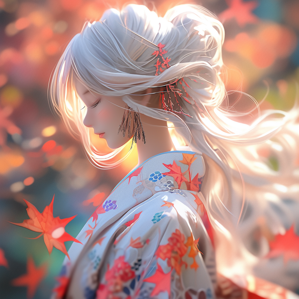 Long white hair girl in traditional Japanese kimono.