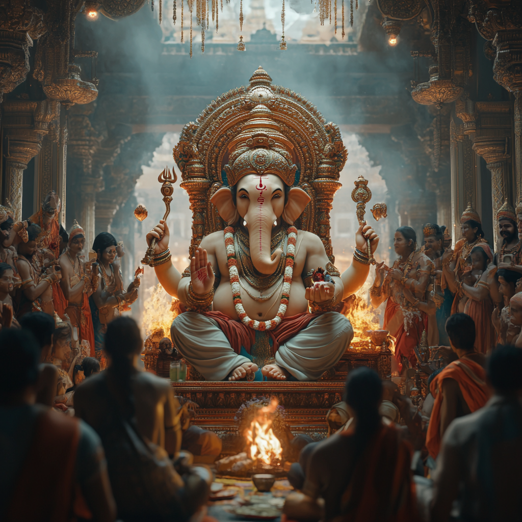 Lord Ganapathi surrounded by traditional devotees in open space.