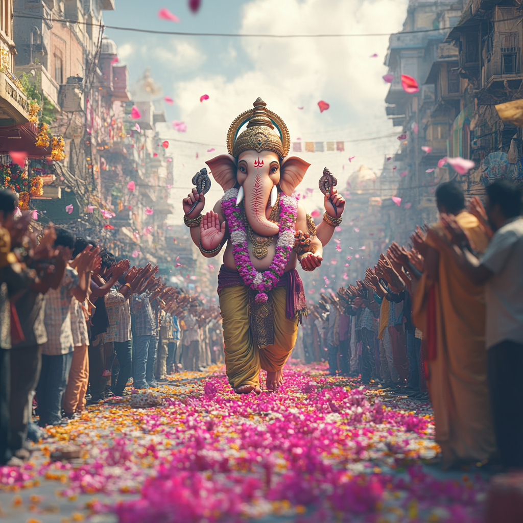 Lord Ganesh walking on flowered Mumbai street, people bow.