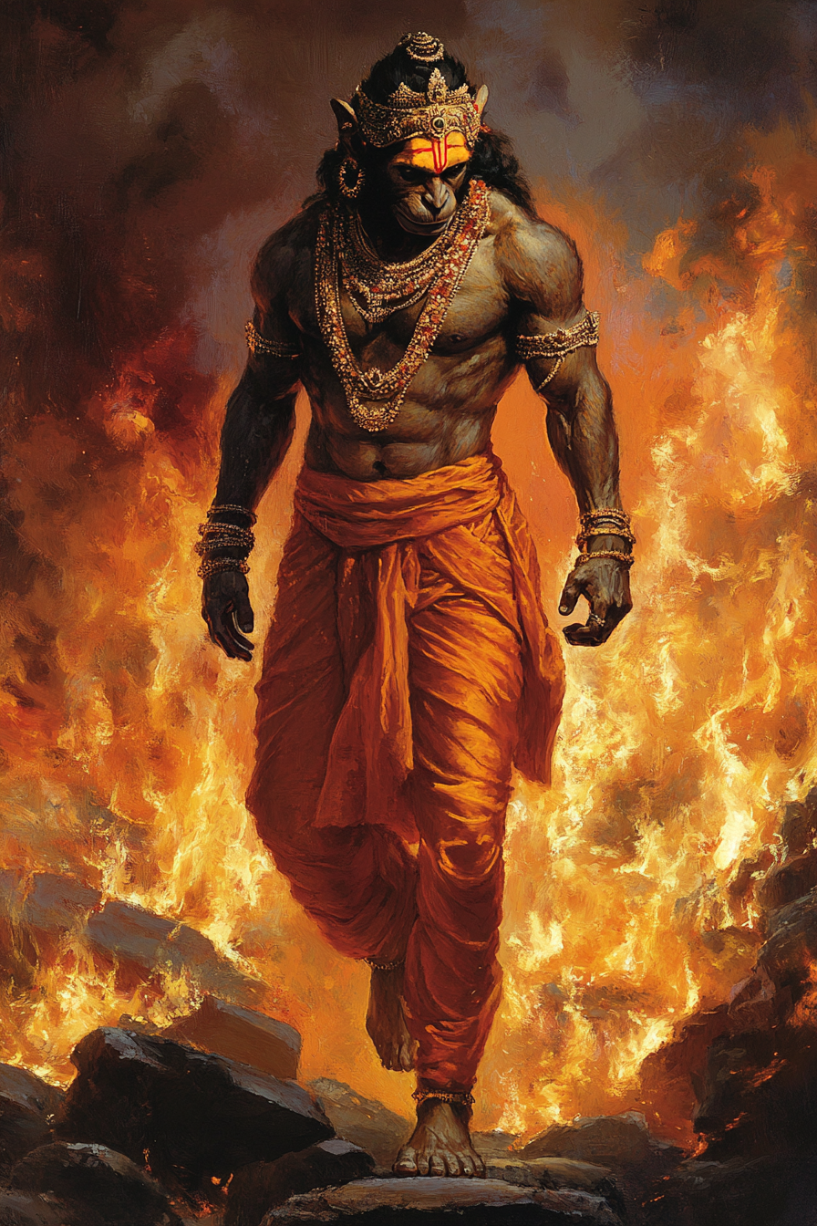 Lord Hanuman walking out of burning Lanka with abs.