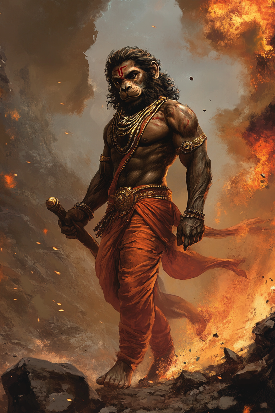 Lord Hanuman with abs, walking confidently with weapon.