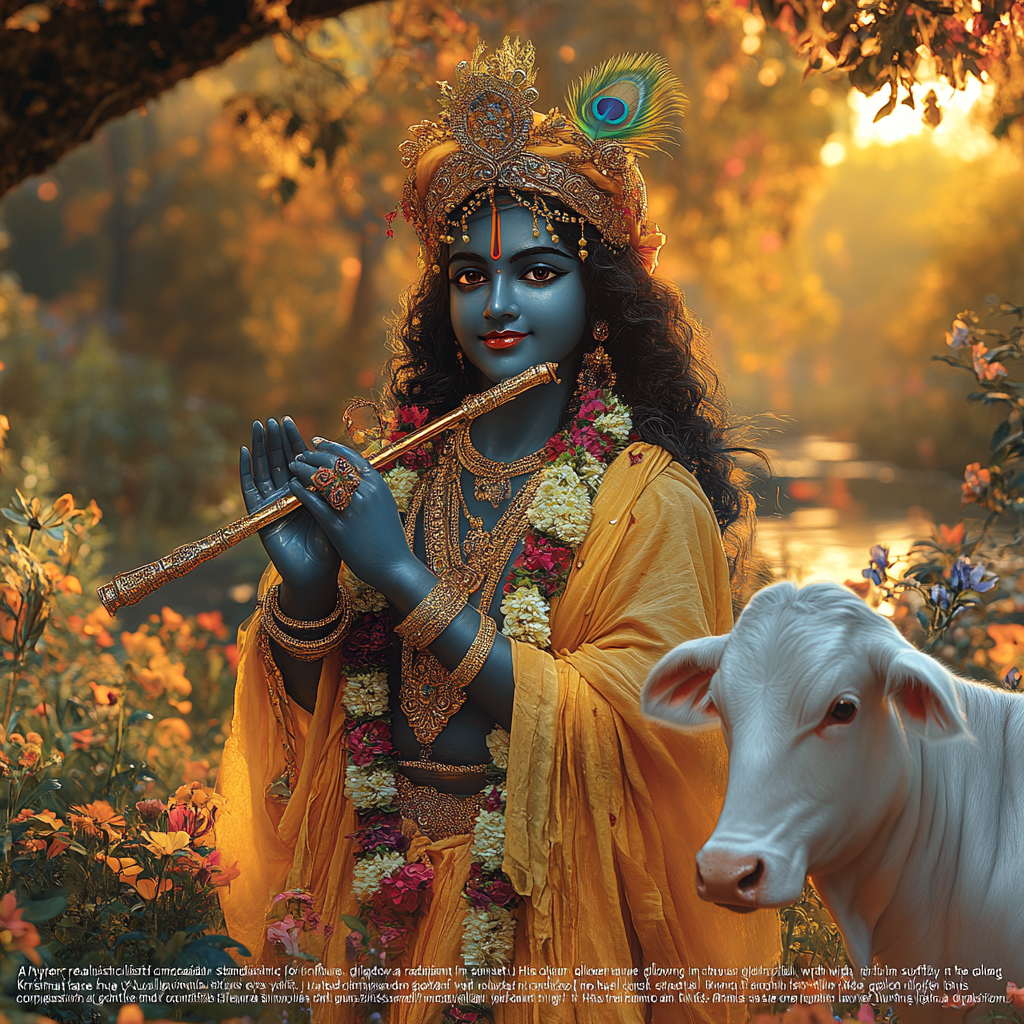 Lord Krishna Playing Flute in Tranquil Meadow